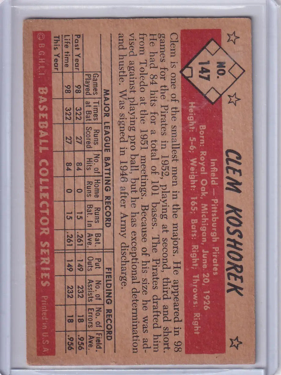 Vintage Bowman Color baseball card featuring Clem Koshorek of the Pittsburgh Pirates