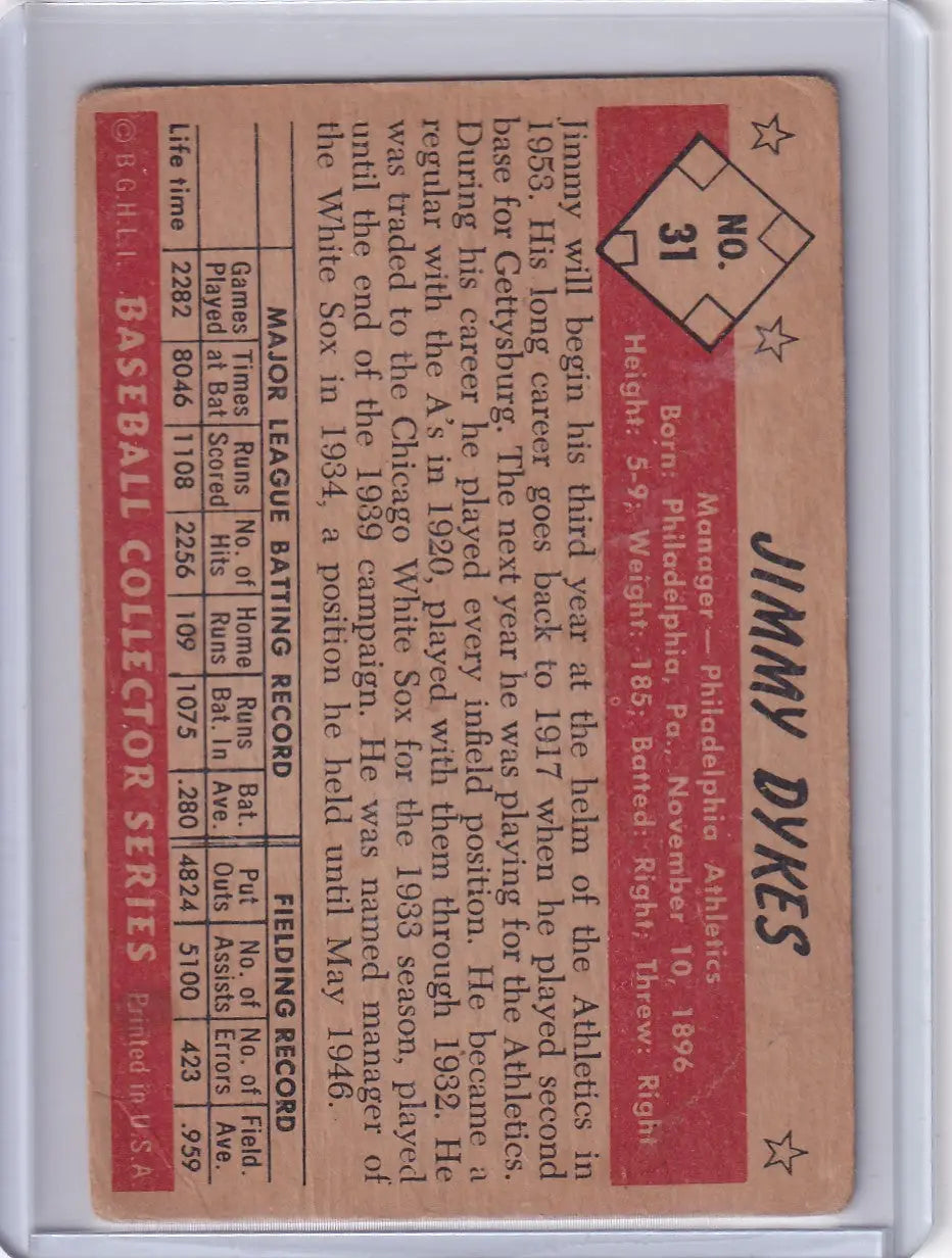 1953 Bowman Color #31 Jimmie Dykes - Philadelphia Athletics - Baseball Card Single