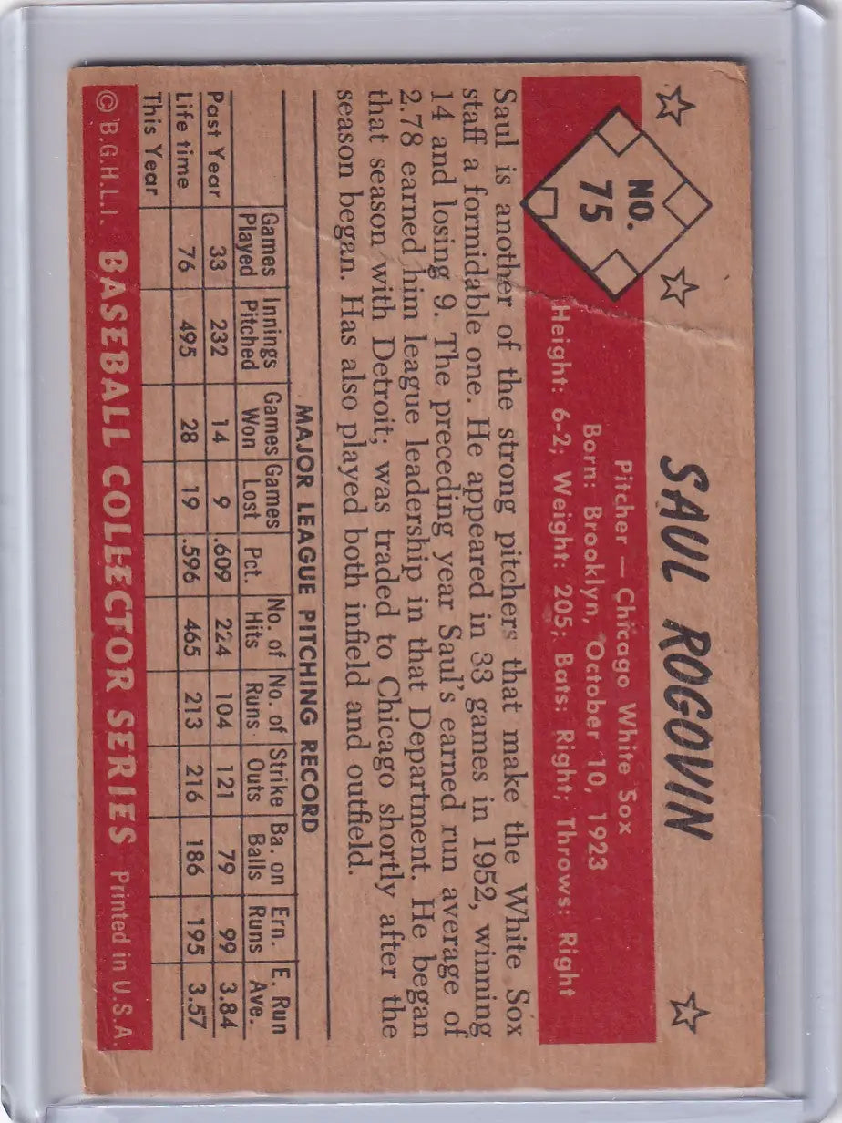 1953 Bowman Color #75 Saul Rogovin - Chicago White Sox - Baseball Card Single