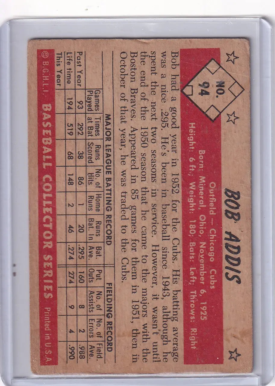 1953 Bowman Color #94 Bob Addis - Chicago Cubs - Baseball Card Single