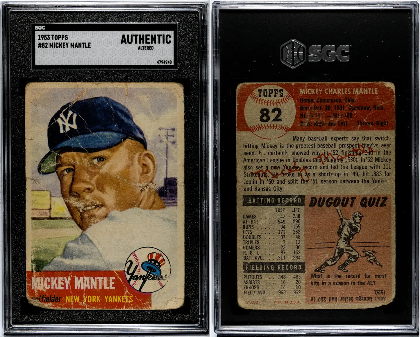 1953 Topps #82 Mickey Mantle SGC A - MLB HOFer and NEW YORK YANKEES LEGEND!! - Baseball Card Single