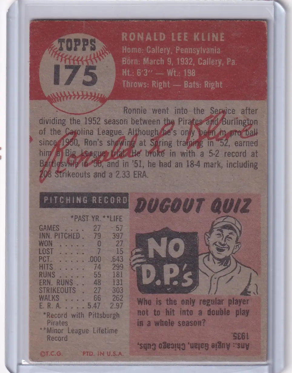 Vintage Topps Baseball card #175 featuring Ron Kline of the Pittsburgh Pirates with stats