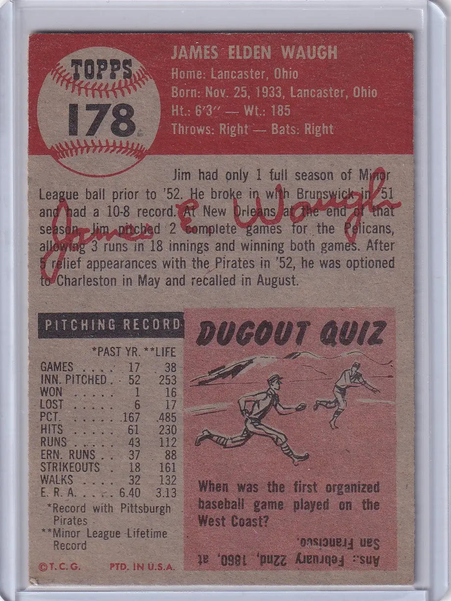 Vintage Topps Baseball Card #178 Jim Waugh, Pittsburgh Pirates RC with statistics and quiz