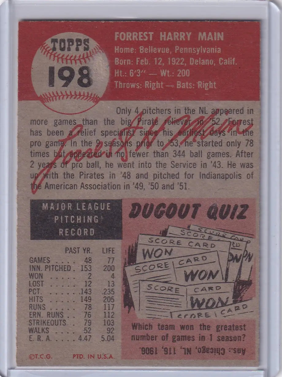 Vintage 1953 Topps Baseball card #198 of Forrest Main, Pittsburgh Pirates pitcher stats