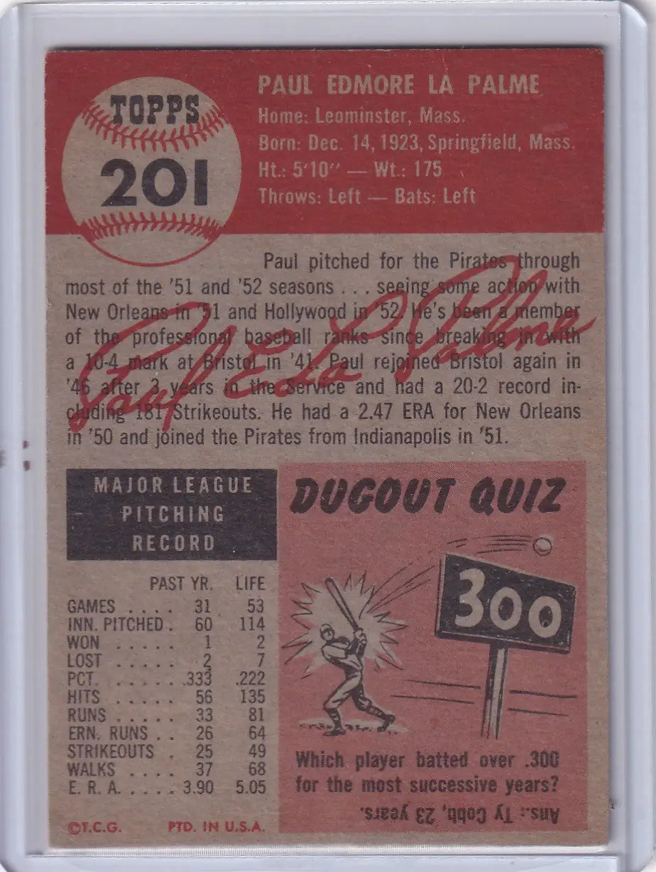Vintage Topps Baseball card #201 of Paul LaPalme showcasing Pittsburgh Pirates stats and quiz