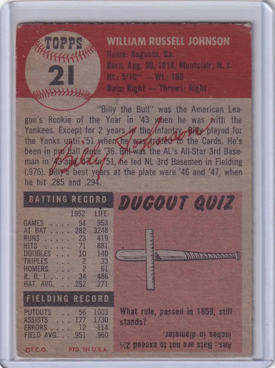 1953 Topps Baseball #21 Billy Johnson - St. Louis Cardinals - Baseball Card Single