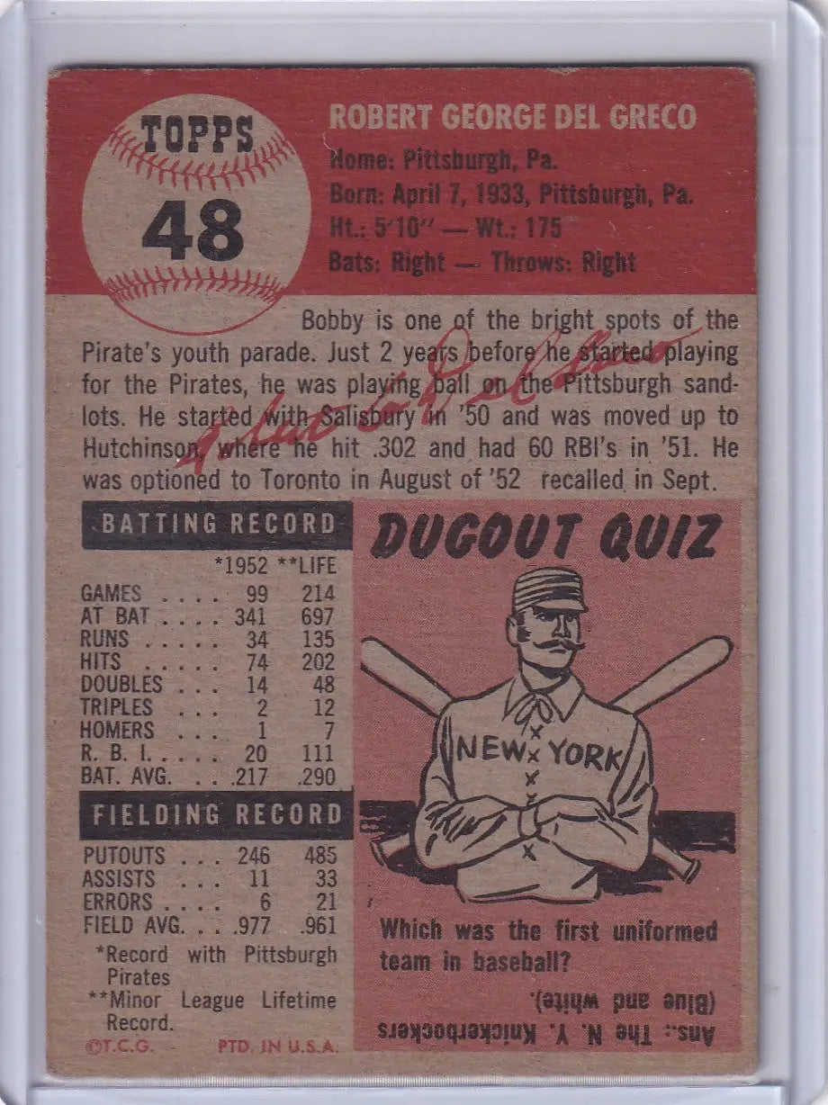 1952 Topps Baseball card #48 of Bobby Del Greco, Pittsburgh Pirates player image