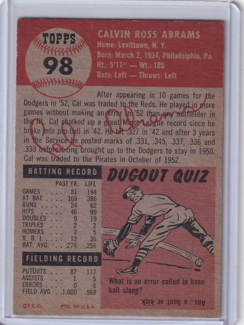 1998 Topps Baseball card of Cal Abrams with stats, Pittsburgh Pirates player info