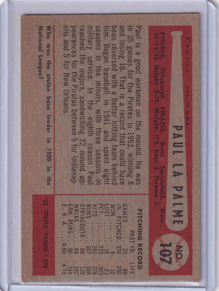 Vintage baseball card of Paul LaPalme from the Pittsburgh Pirates 1954 Bowman #107
