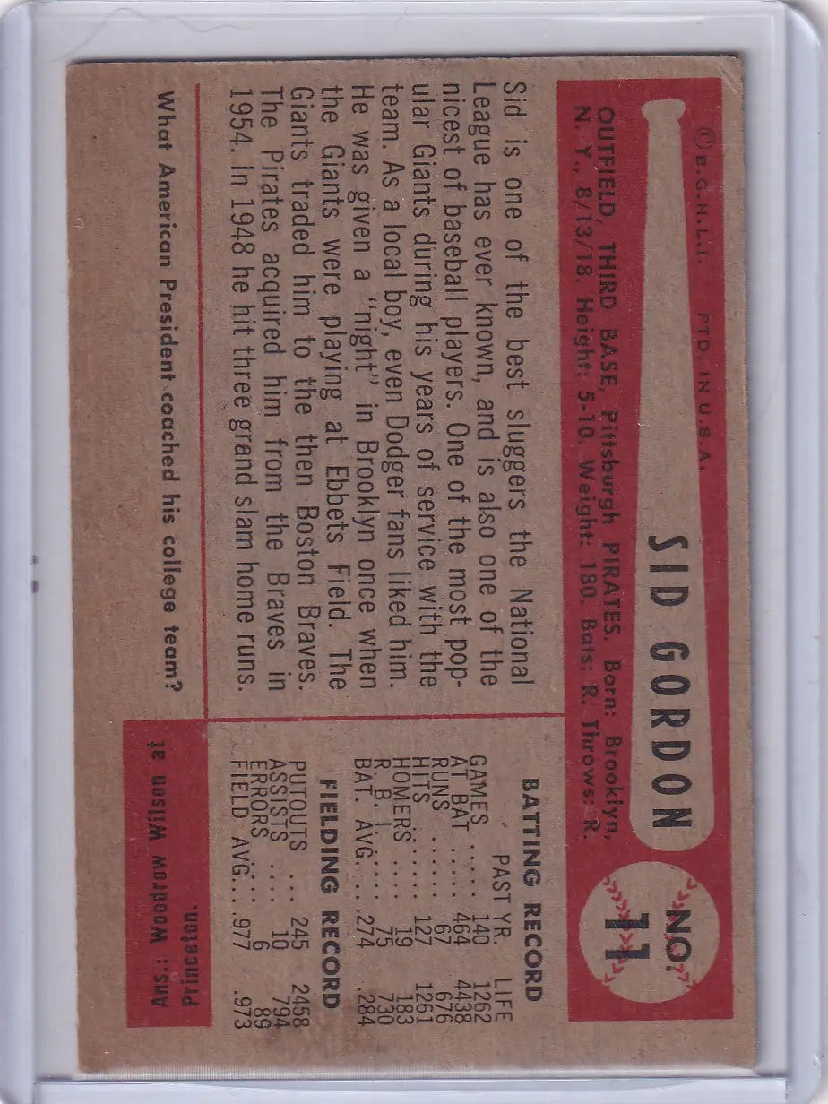 Vintage Sid Gordon baseball card from 1954 Bowman featuring Pittsburgh Pirates player