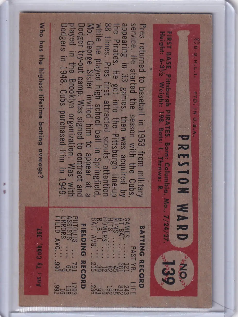 Preston Ward baseball card 139b Preston Ward 1954 Bowman Pittsburgh Pirates