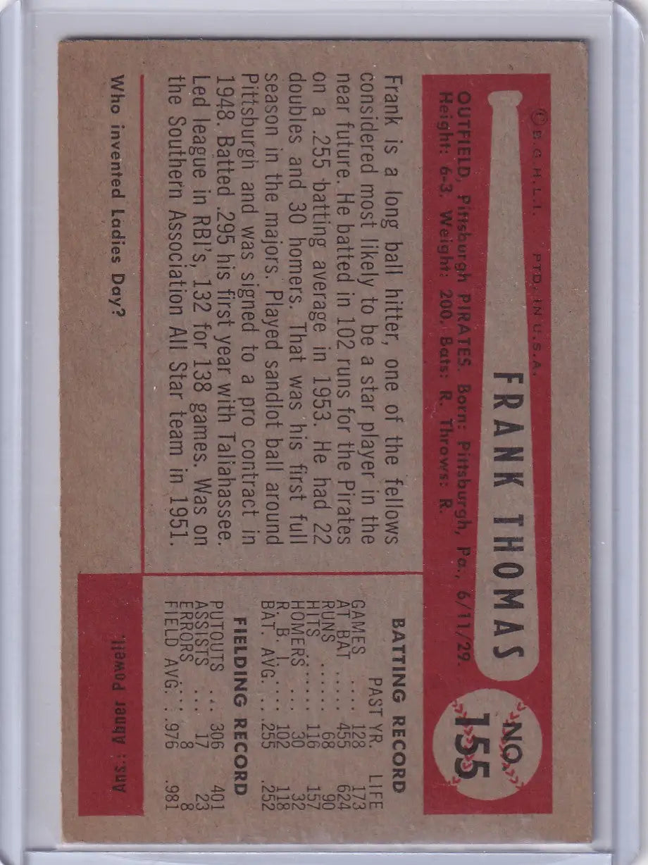 Vintage baseball card of Frank Thomas rookie from Pittsburgh Pirates 1954 Bowman #155