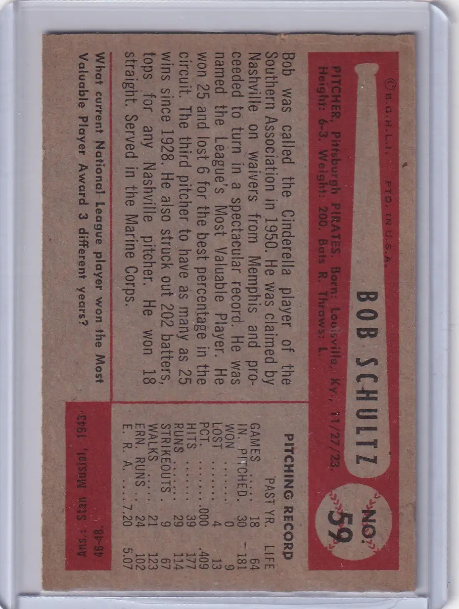 Vintage baseball card of Bob Schultz from 1954 Bowman Pittsburgh Pirates collection