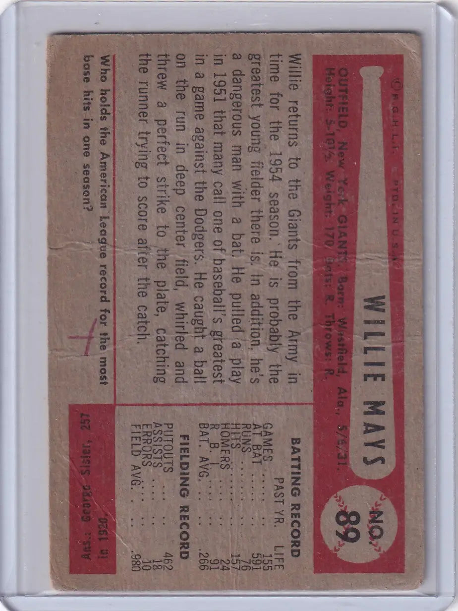 Vintage Willie Mays baseball card from the 1954 Bowman New York Giants series