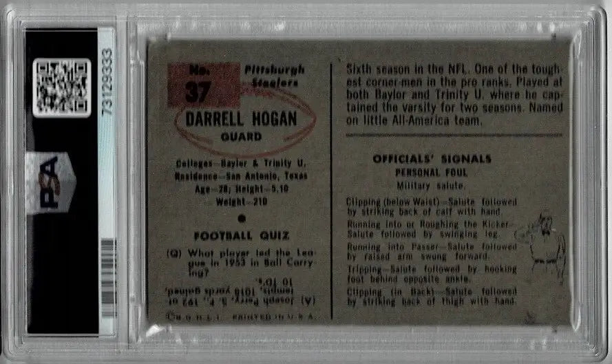 1954 Bowman Auto Card # 37 Darrell Hogan Pittsburgh Steelers PSA 2 DNA 8 Signed - Football Card Single