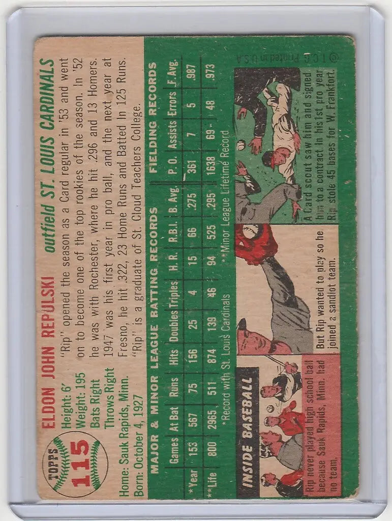 Vintage baseball card of Eldon Rip Repulski with player stats and cartoon baseball actions
