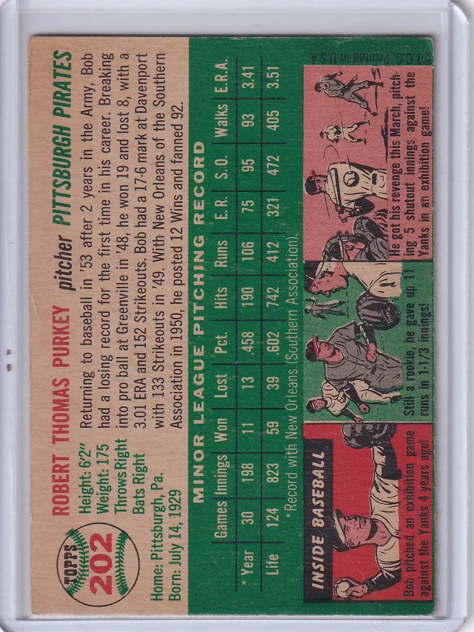 Vintage baseball card featuring 1954 Topps #202 Bob Purkey - Pittsburgh Pirates RC