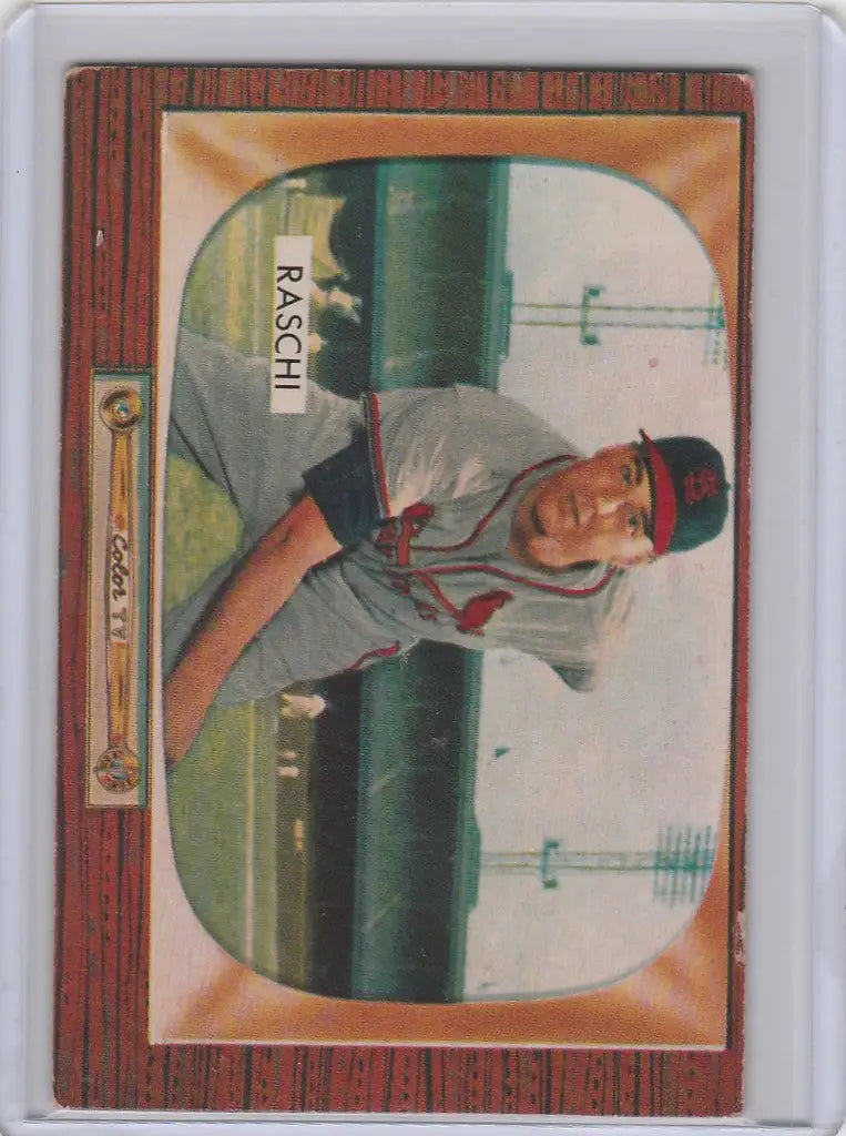 Baseball card of Vic Raschi, St Louis Cardinals pitcher in gray uniform and red cap