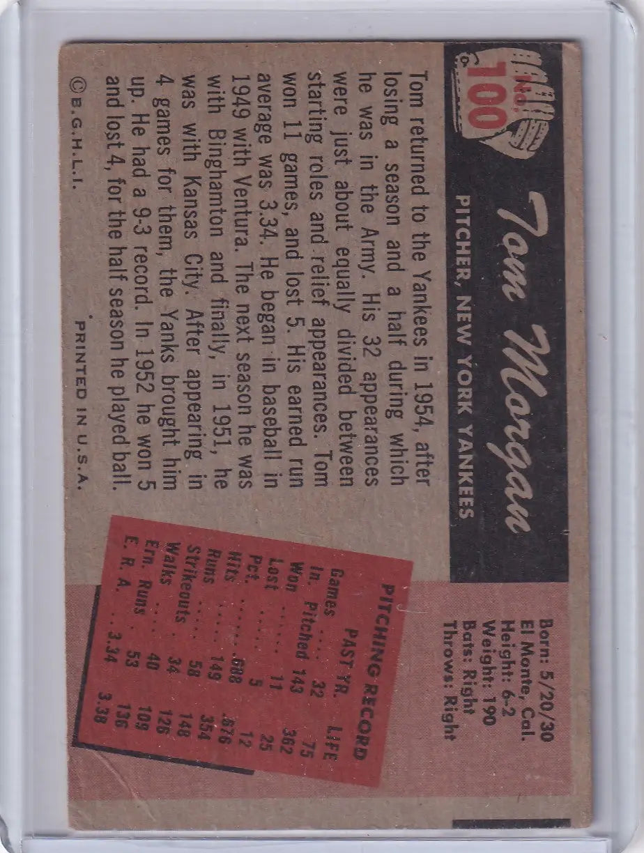 1955 Bowman Baseball #100 Tom Morgan - New York Yankees - Baseball Card Single