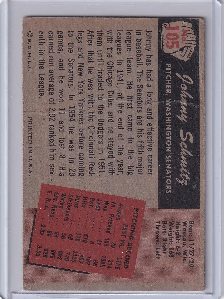 1955 Bowman Baseball #105 Johnny Schmitz - Washington Senators - Baseball Card Single