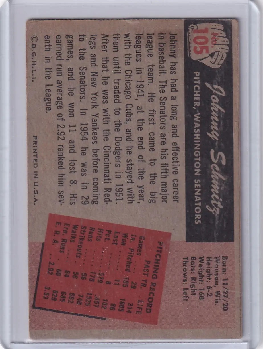Vintage Bowman Baseball card featuring Johnny Schmitz of the Washington Senators