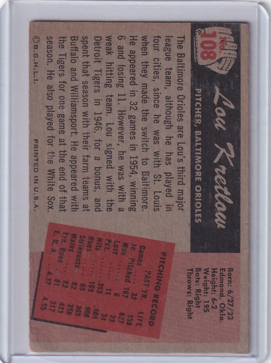 1955 Bowman Baseball #108 Lou Kretlow - Baltimore Orioles - Baseball Card Single