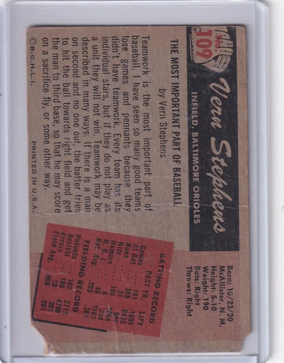 1955 Bowman Baseball #109 Vern Stephens - Baltimore Orioles - Baseball Card Single