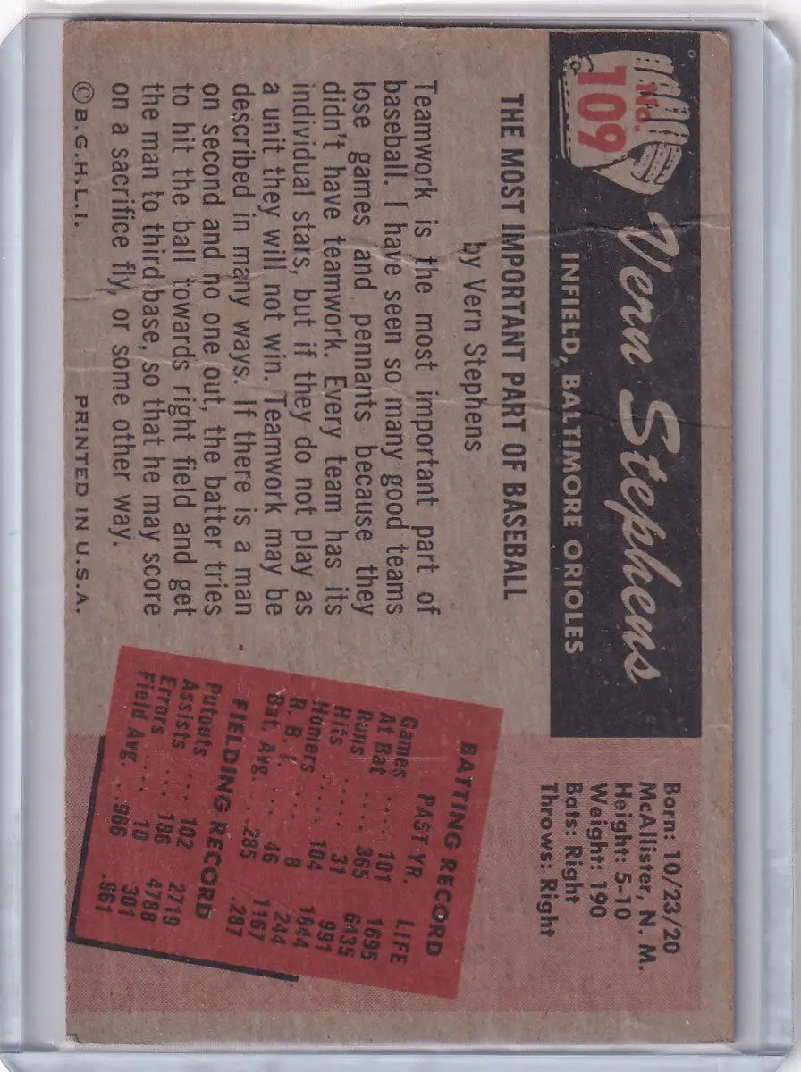1955 Bowman Baseball #109 Vern Stephens - Baltimore Orioles - Baseball Card Single