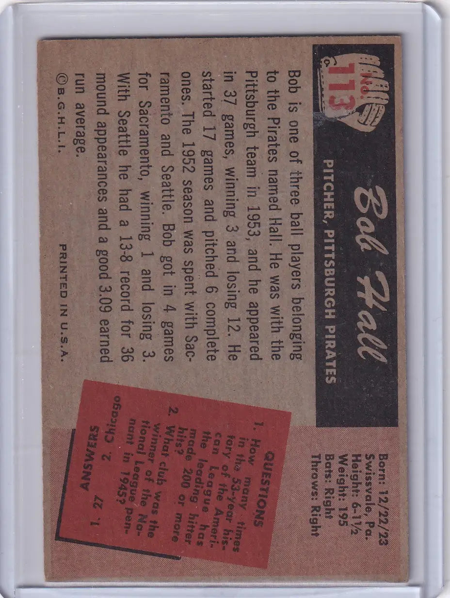 Vintage 1955 Bowman Baseball card featuring Bob Hall of the Pittsburgh Pirates RC