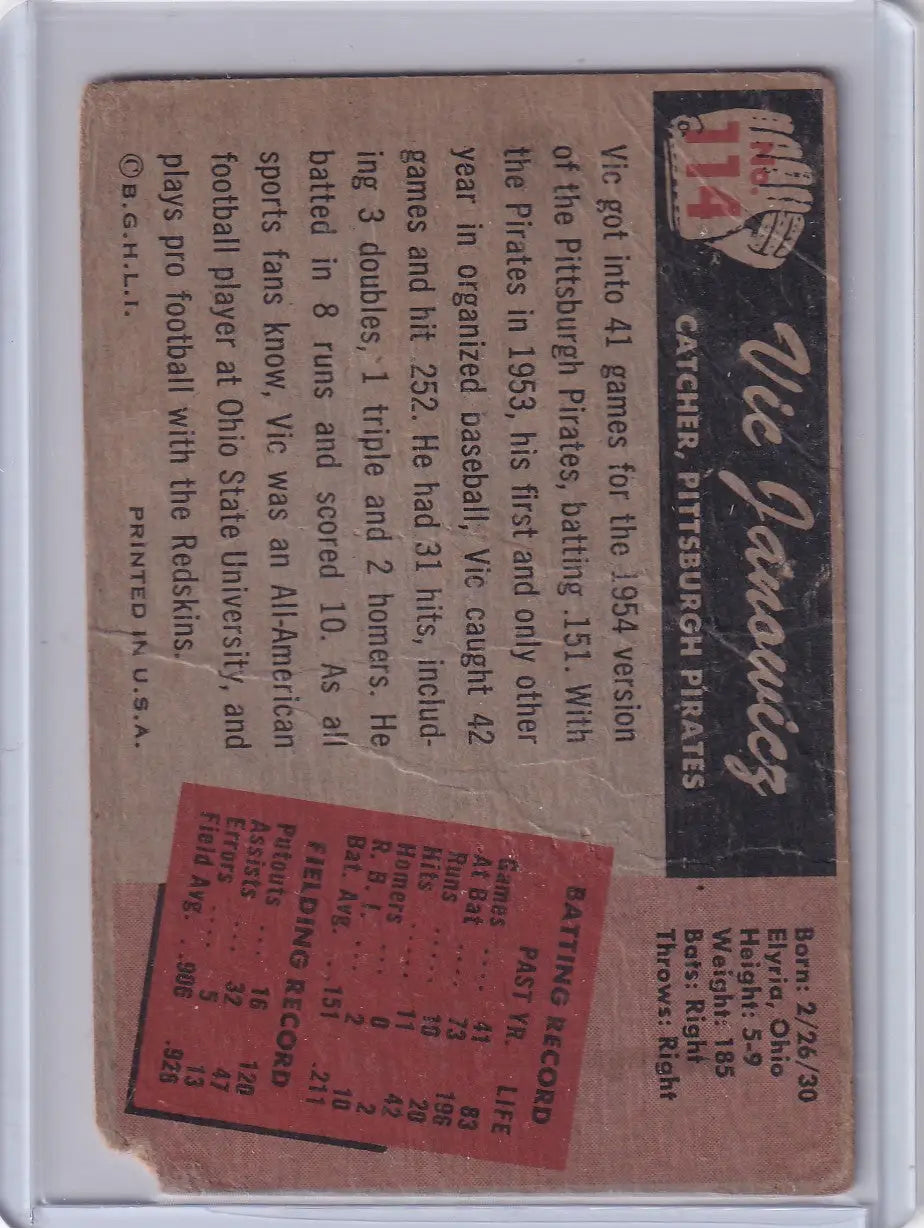 1955 Bowman Baseball #114 Vic Janowicz - Pittsburgh Pirates - Baseball Card Single