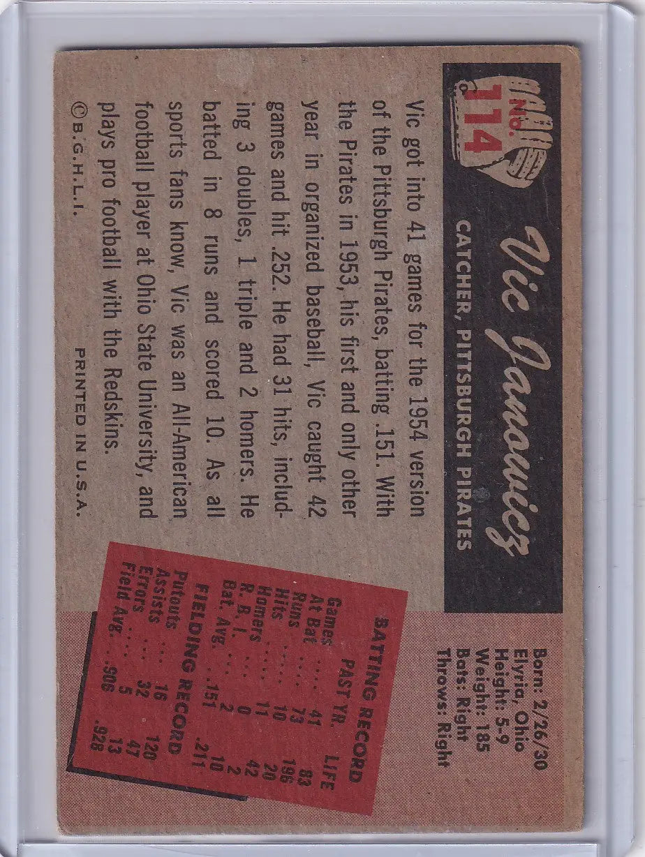 Vintage 1955 Bowman Baseball card featuring Vic Janowicz of the Pittsburgh Pirates