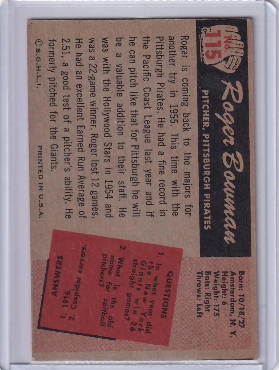 Vintage Roger Bowman baseball card from 1955 Bowman Baseball, Pittsburgh Pirates RC
