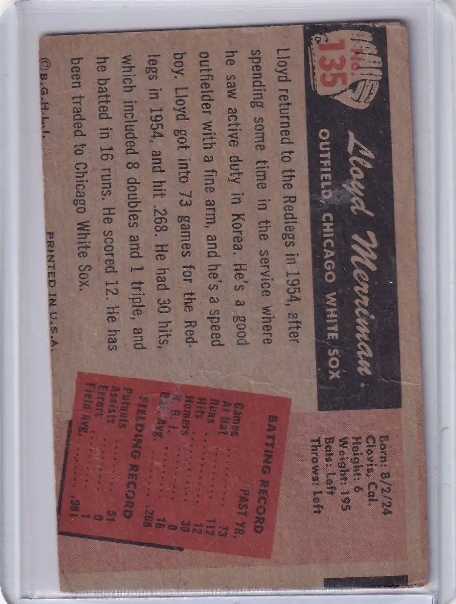 1955 Bowman Baseball #135 Lloyd Merriman - Chicago White Sox - Baseball Card Single