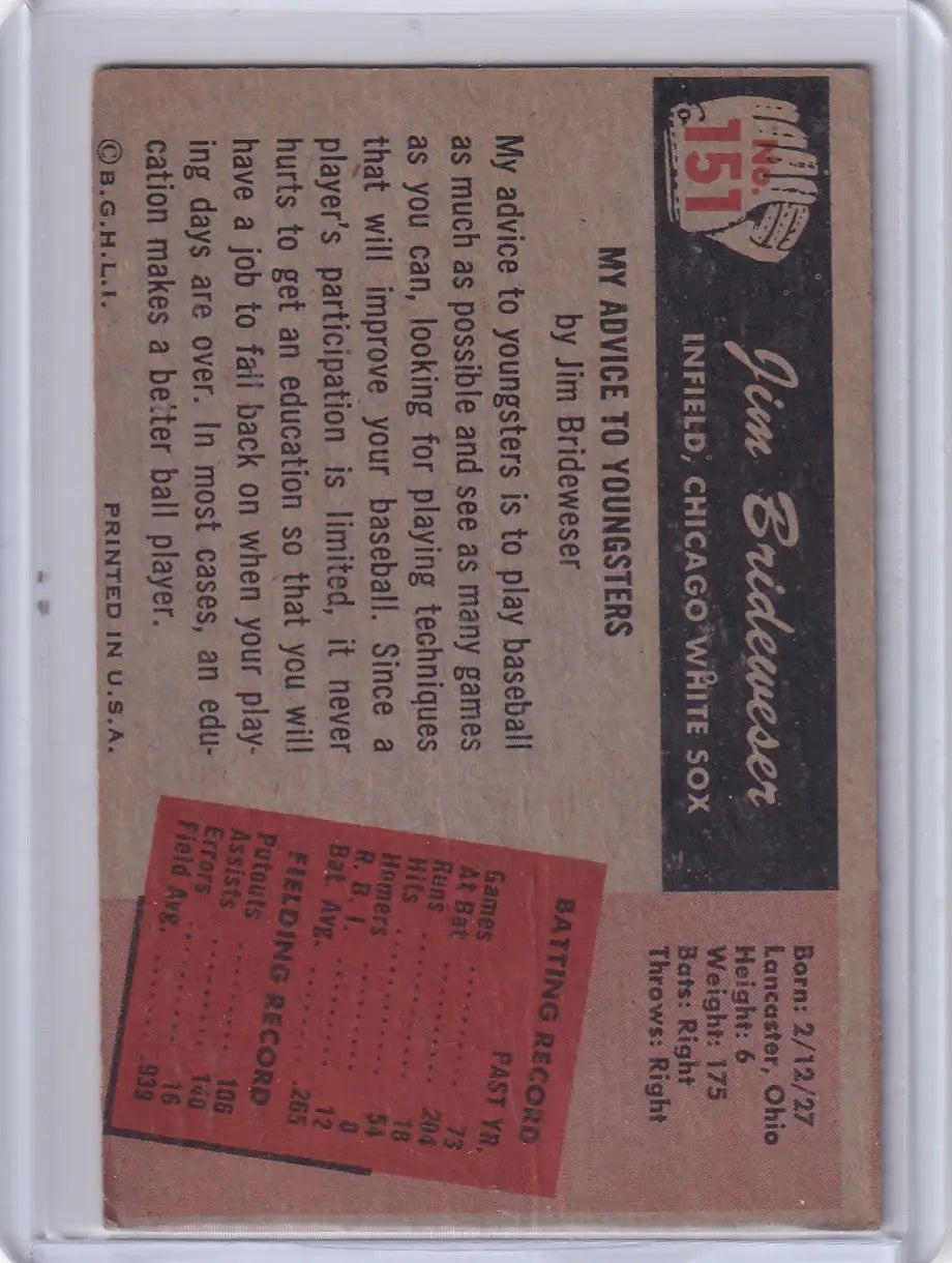 Vintage Chicago White Sox Bowman Baseball card featuring Jim Brideweser from 1955