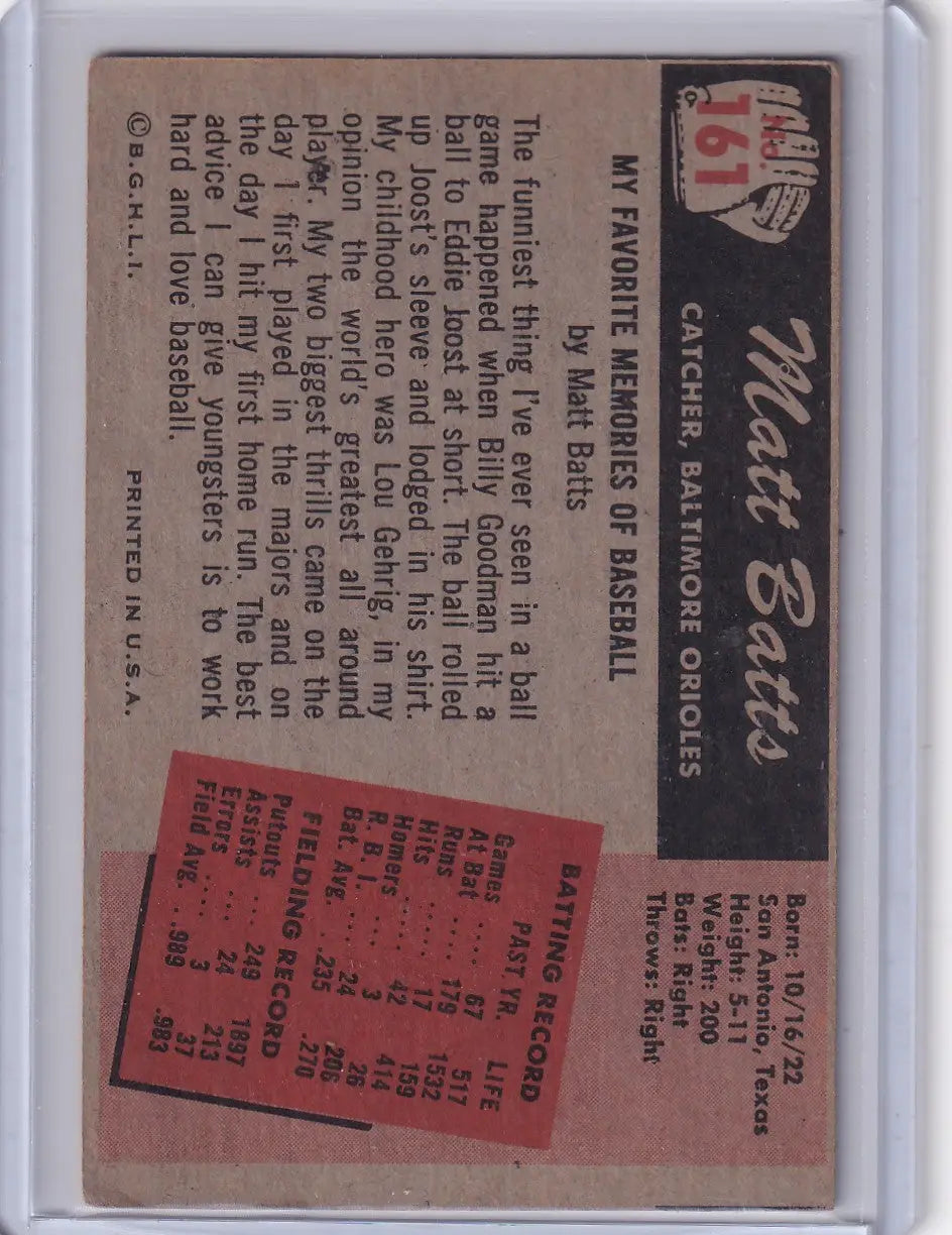 1955 Bowman Baseball #161 Matt Batts - Baltimore Orioles - Baseball Card Single