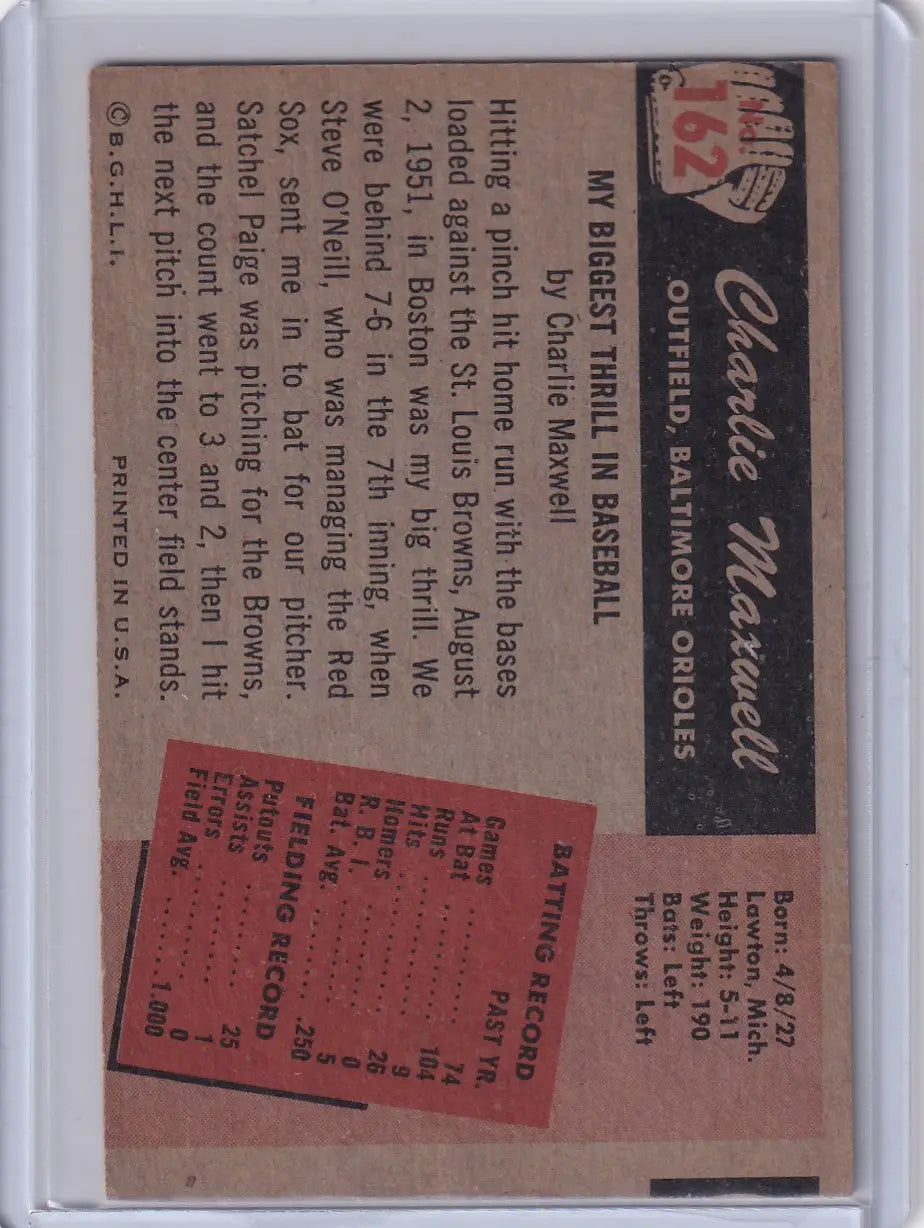 Vintage Bowman Baseball card featuring Charlie Maxwell with career stats Baltimore Orioles
