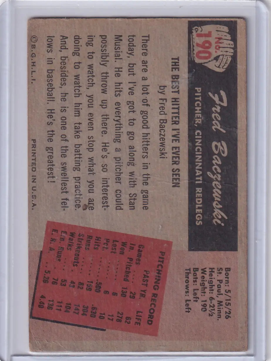 1955 Bowman Baseball #190 Fred Baczewski - Cincinnati Redlegs - Baseball Card Single