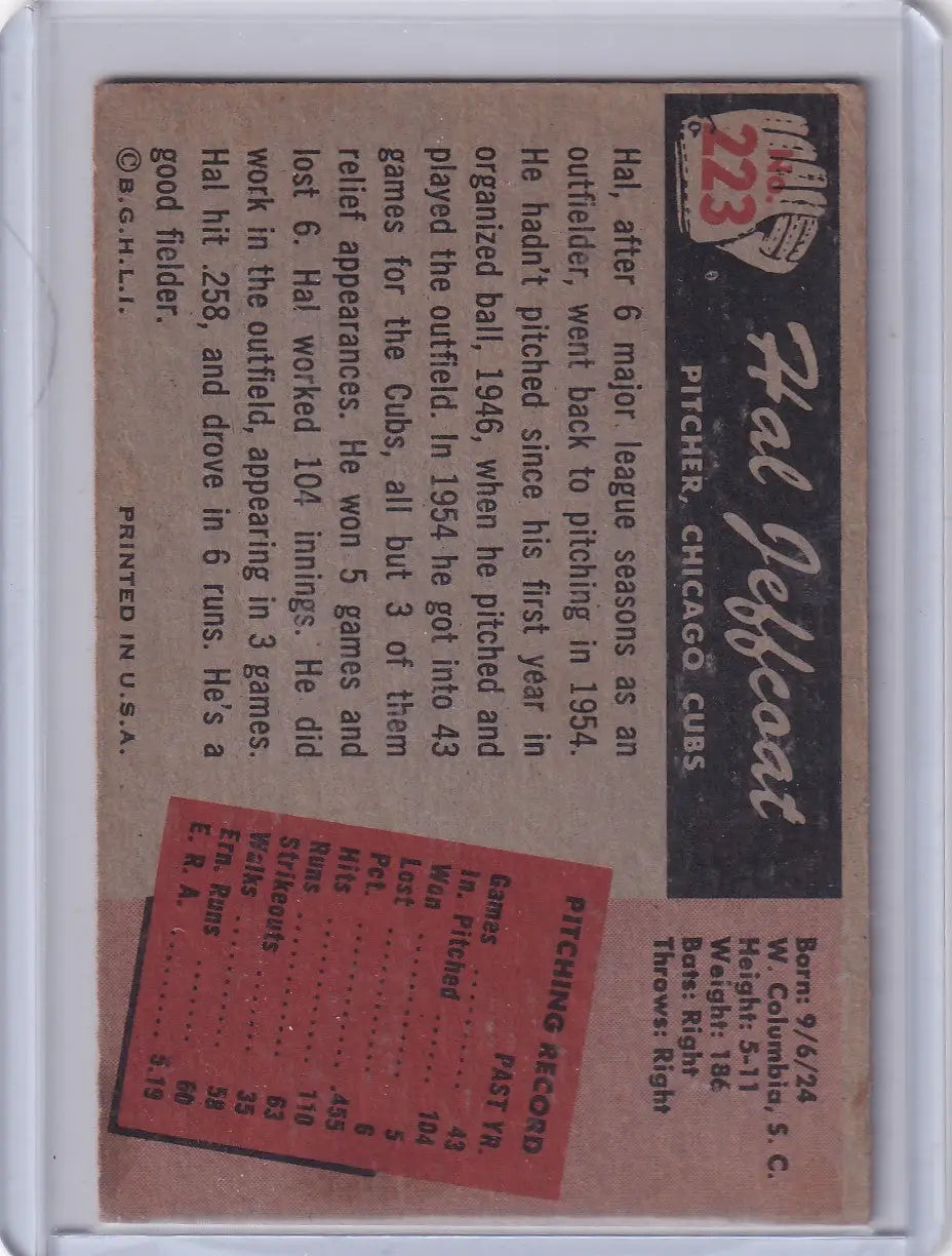 Vintage Bowman Baseball card of Hal Jeffcoat pitching for Chicago Cubs with stats