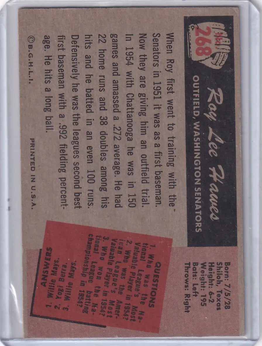 1955 Bowman Baseball #268 Roy Lee Hawes - Washington Senators RC - Baseball Card Single