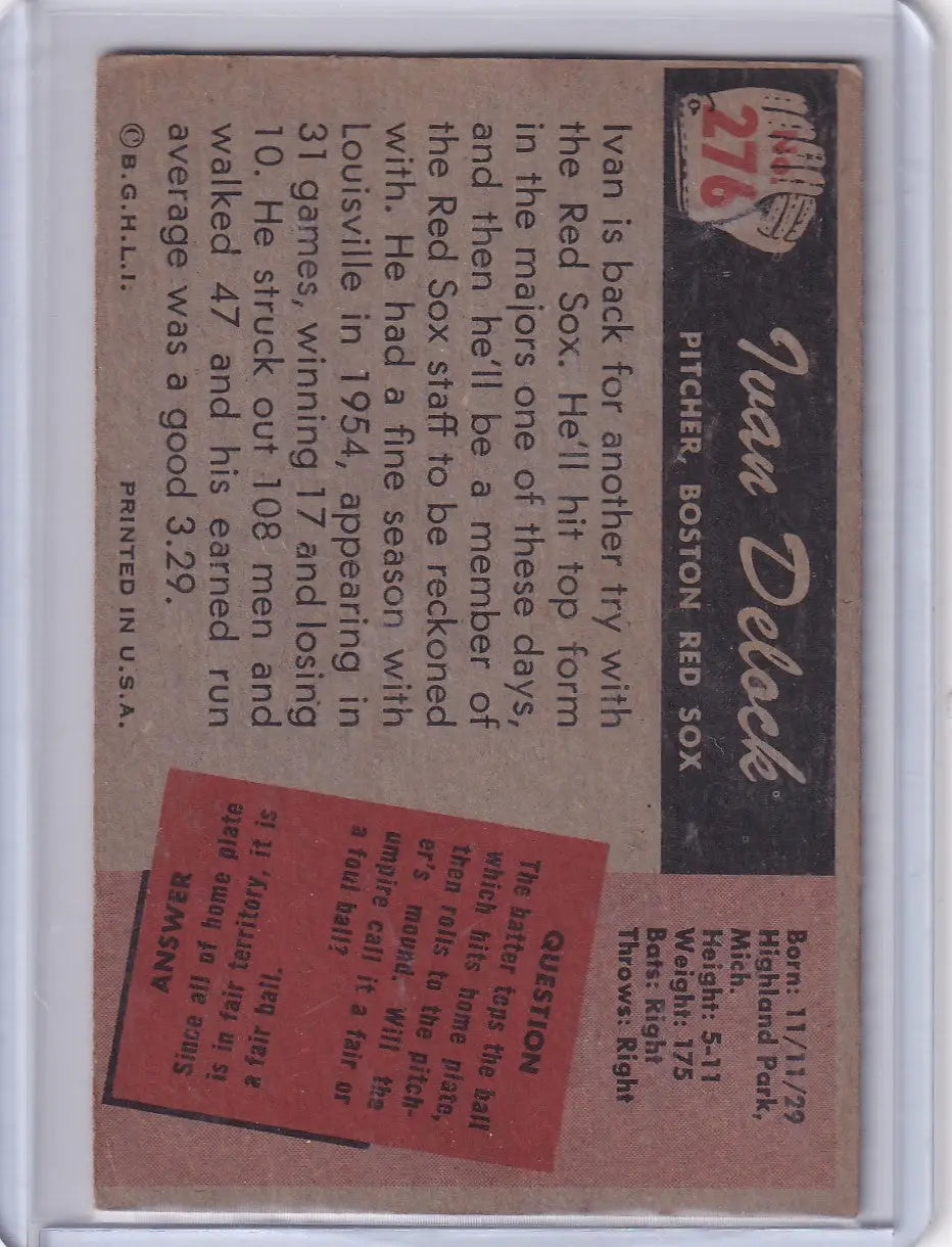 Vintage 1955 Bowman Baseball card of Ivan Delock from the Boston Red Sox