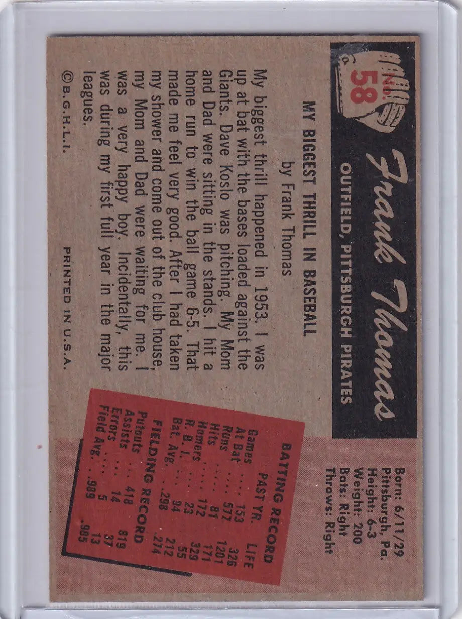 Vintage Frank Thomas baseball card showcasing 1955 Bowman Baseball from Pittsburgh Pirates