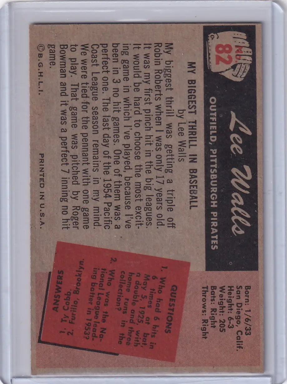 Vintage Lee Walls baseball card from 1955 Bowman Baseball, Pittsburgh Pirates RC