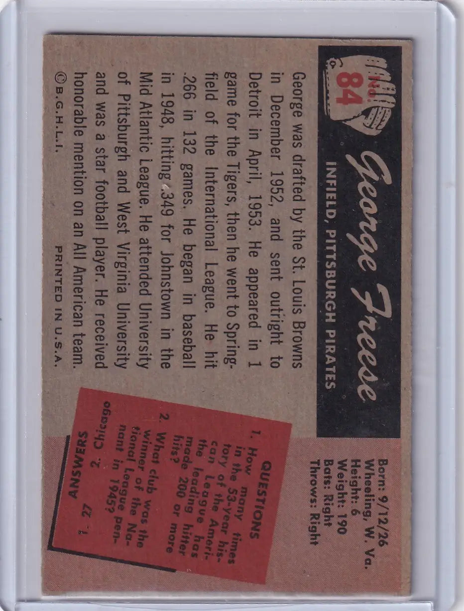 Vintage George Freese baseball card from 1955 Bowman, Pittsburgh Pirates RC