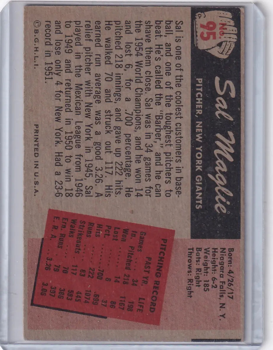 1955 Bowman Baseball #95 Sal Maglie - New York Giants - Baseball Card Single
