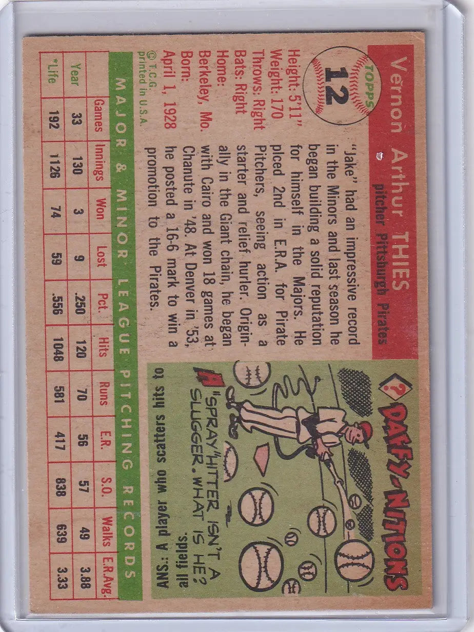 Vintage baseball card of Vernon Jake Thies from the 1955 Topps Pittsburgh Pirates set
