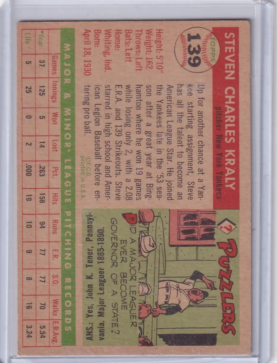 1955 Topps #139 Steve Kraly - New York Yankees - Baseball Card Single