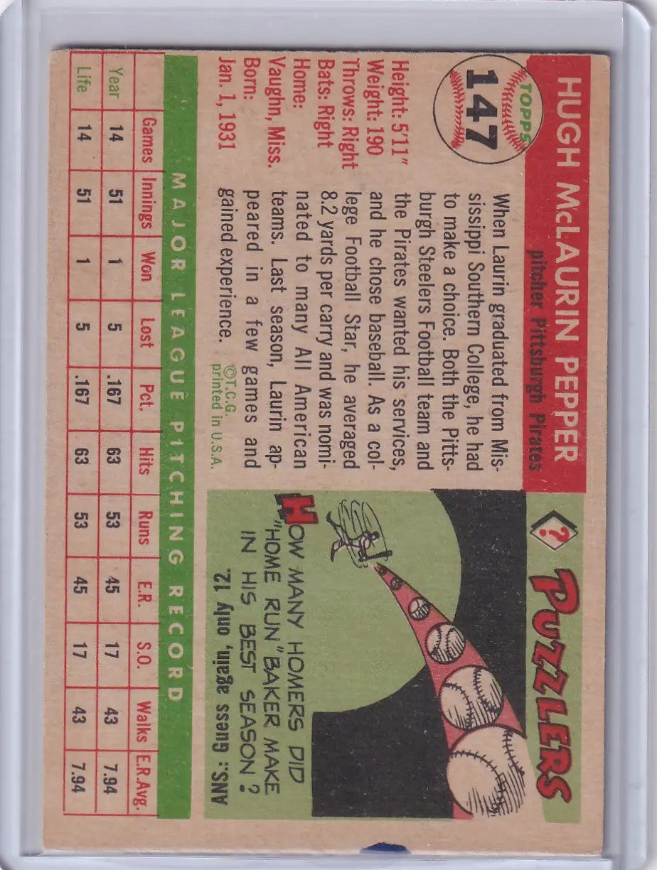 1955 Topps #147 Hugh Pepper - Pittsburgh Pirates - Baseball Card Single