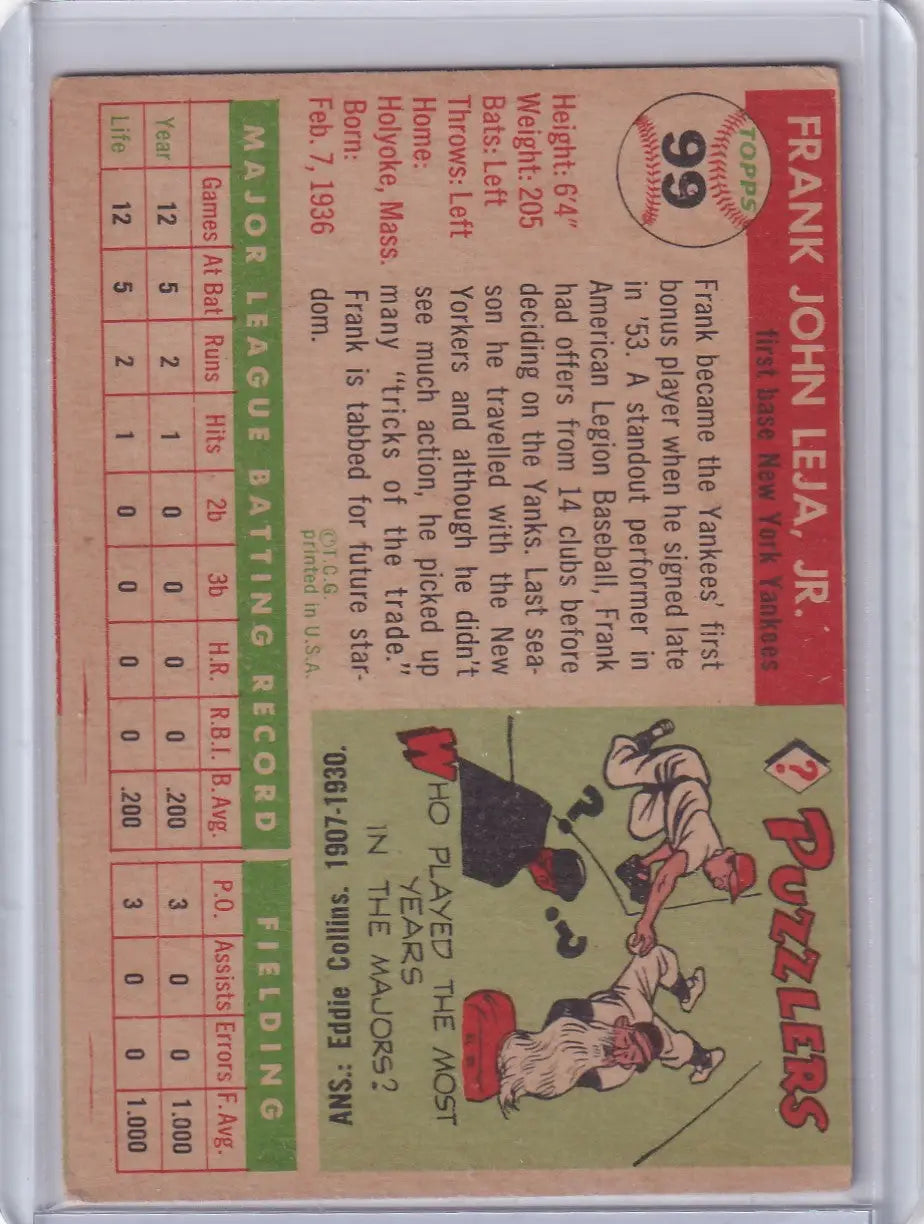 1955 Topps #99 Frank Leja - New York Yankees - Baseball Card Single