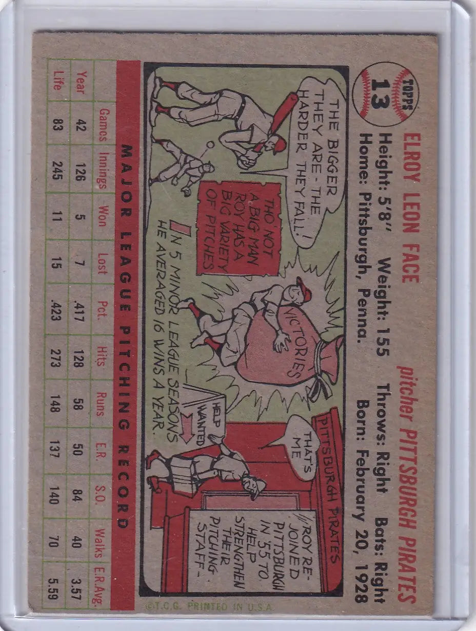 Vintage 1956 Topps Roy Face baseball card of the Pittsburgh Pirates