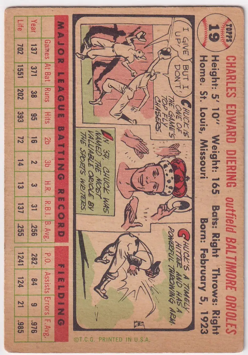 1956 Topps #19 Chuck Diering - Baltimore Orioles DP - Baseball Card Single